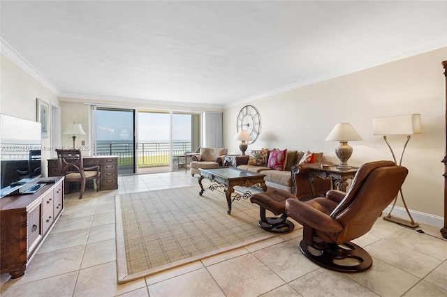 tiled living room with a wall of windows and ornamental molding