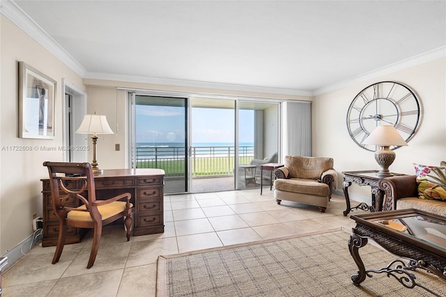 living room featuring light tile patterned flooring, a water view, and ornamental molding