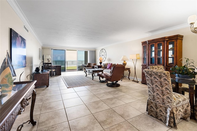 living room featuring a wall of windows, ornamental molding, and light tile patterned flooring