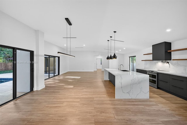 1511 SW 30th Pl, Fort Lauderdale, FL 33315 - kitchen with open shelves, modern cabinets, range with two ovens, recessed lighting, and light wood-style floors