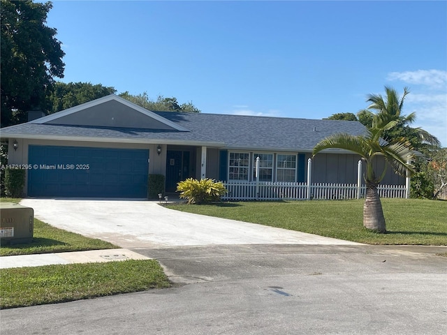 single story home with a front lawn and a garage