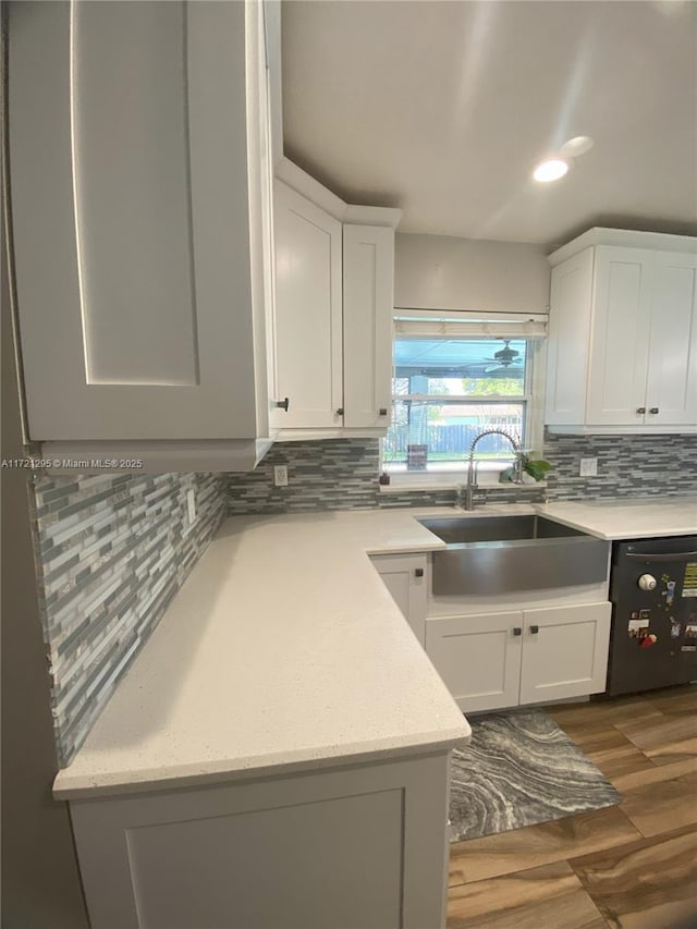 kitchen featuring white cabinets, decorative backsplash, and sink