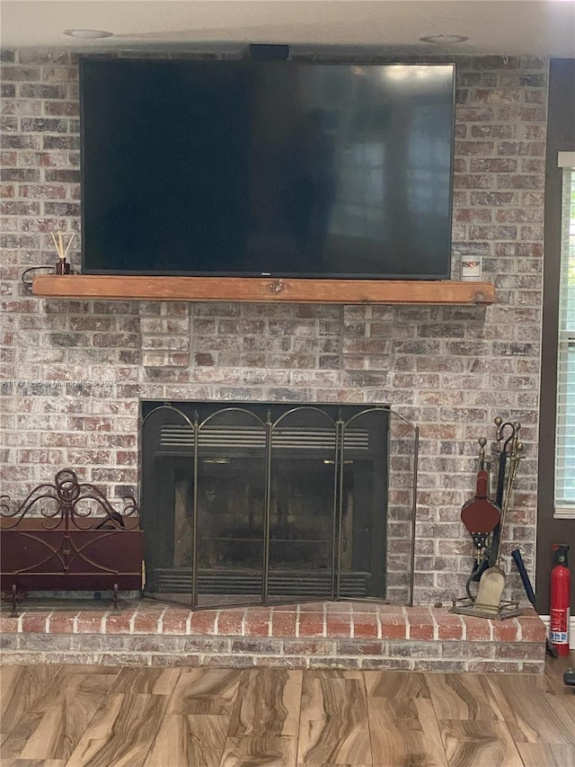 room details with a fireplace and wood-type flooring