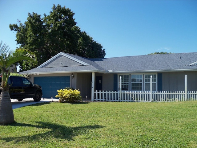 ranch-style house with a front lawn and a garage