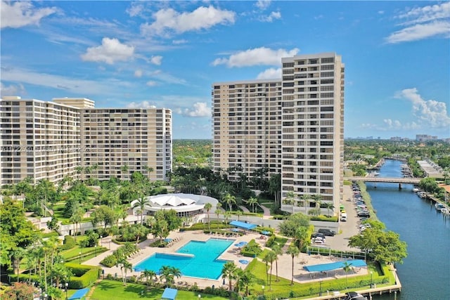 view of building exterior with a water view