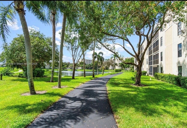 view of property's community featuring a water view and a yard