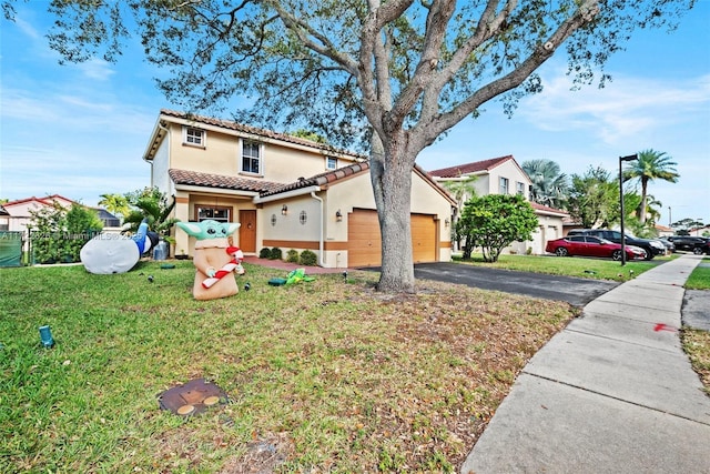 mediterranean / spanish-style house with a garage and a front lawn