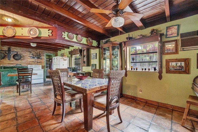 dining room featuring beamed ceiling, a wall mounted AC, ceiling fan, and wood ceiling