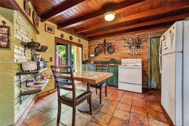 dining area featuring beam ceiling and wooden ceiling