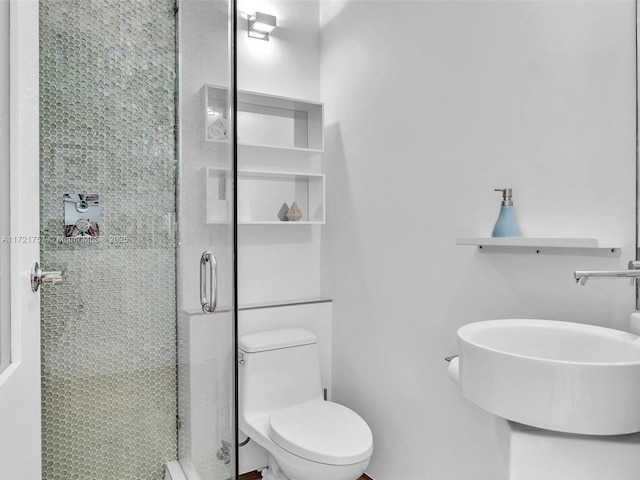 bathroom with walk in shower, toilet, and sink