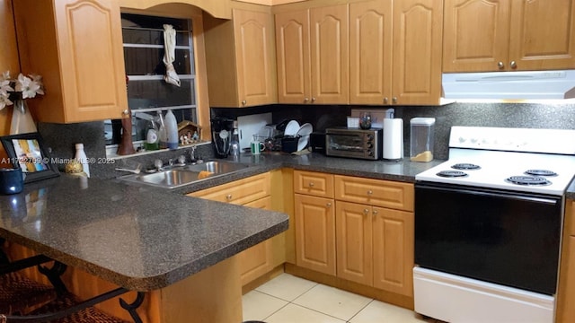 kitchen featuring ventilation hood, light brown cabinetry, range with electric stovetop, a peninsula, and a sink