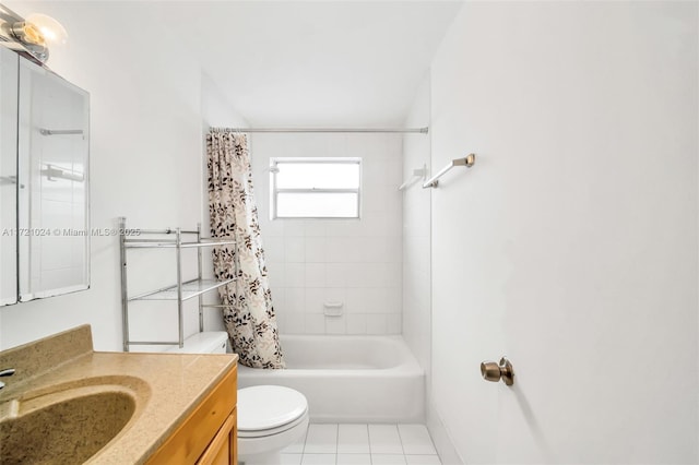 full bathroom with tile patterned flooring, vanity, shower / tub combo with curtain, and toilet