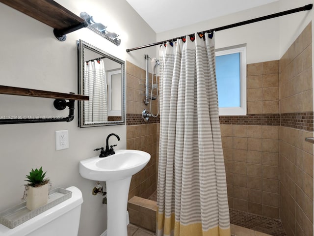 bathroom with toilet, sink, and a shower with shower curtain