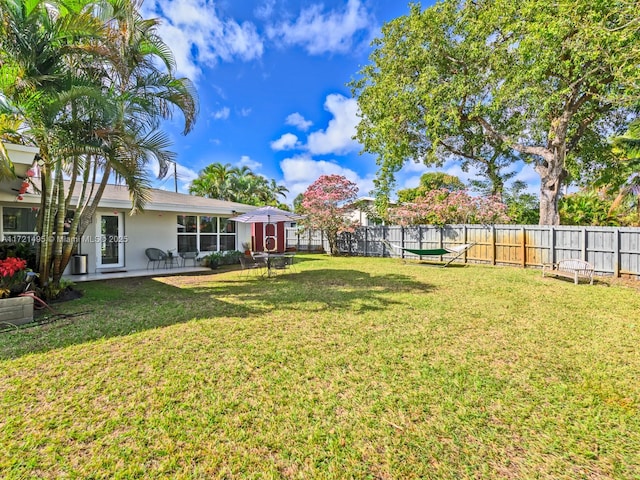 view of yard featuring a patio area and a storage shed