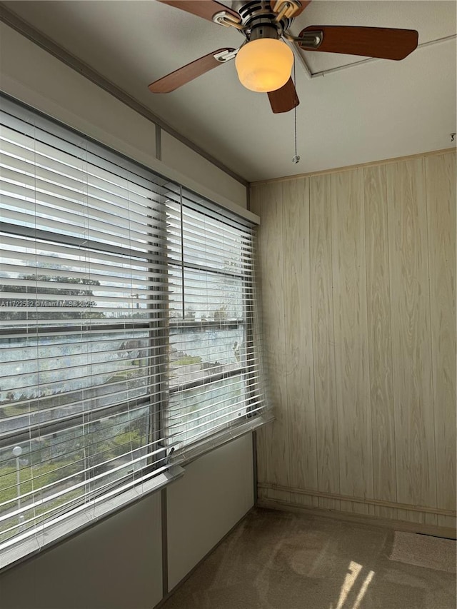 carpeted empty room featuring plenty of natural light and wooden walls