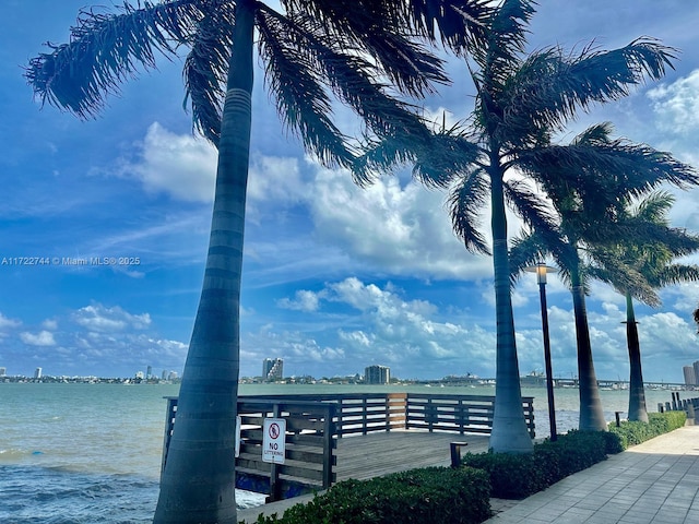 view of dock with a water view and a city view