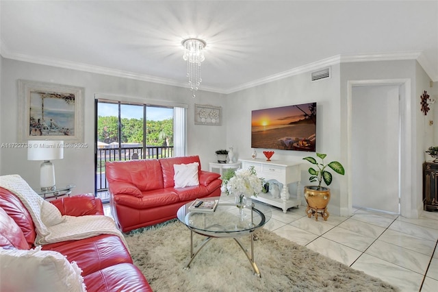 living room featuring crown molding, light tile patterned flooring, and a notable chandelier