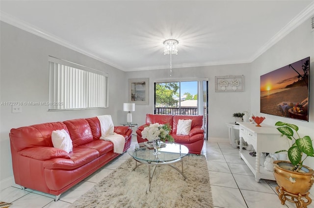 living room with ornamental molding and light tile patterned flooring