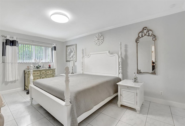 tiled bedroom featuring ornamental molding