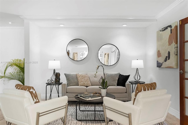 living room with crown molding