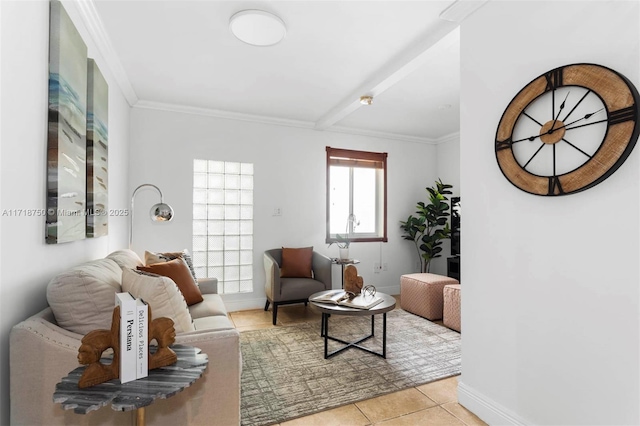 tiled living room featuring ornamental molding