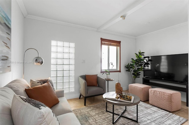 tiled living room featuring beam ceiling and crown molding