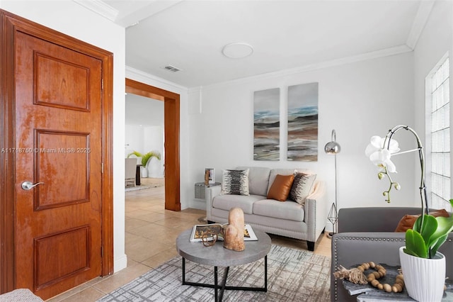 tiled living room with crown molding