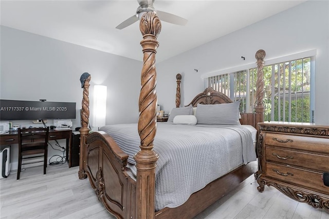 bedroom featuring ceiling fan and light hardwood / wood-style flooring