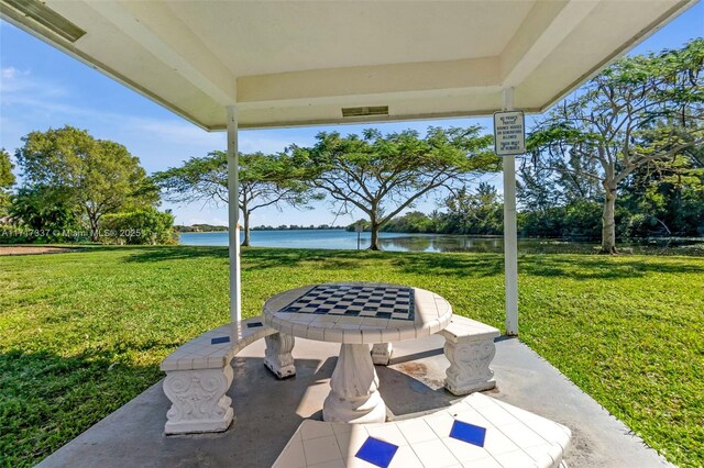 view of pool featuring a patio and a water view