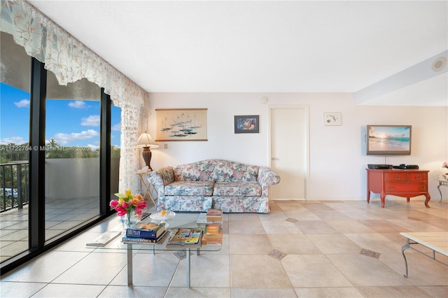 living room featuring tile patterned flooring