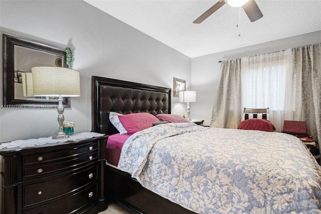 bedroom featuring ceiling fan and vaulted ceiling