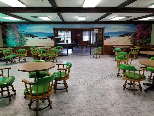 rec room featuring beam ceiling, tile patterned flooring, and coffered ceiling