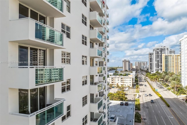 view of building exterior with a city view