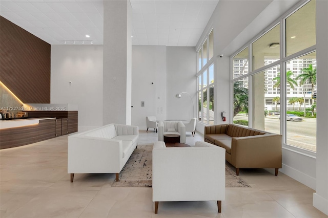 living area featuring a towering ceiling