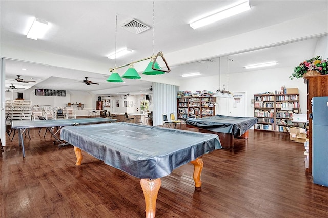 recreation room featuring ceiling fan, dark wood-type flooring, and pool table