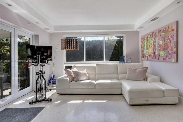 living room with a raised ceiling and french doors