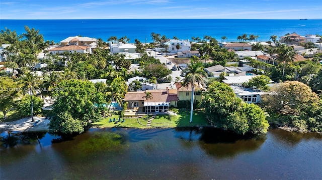 drone / aerial view featuring a water view