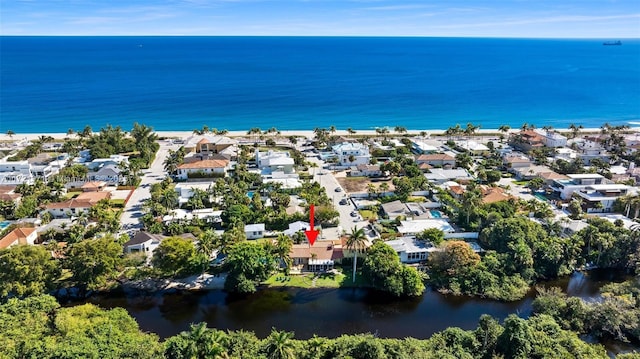 drone / aerial view featuring a water view