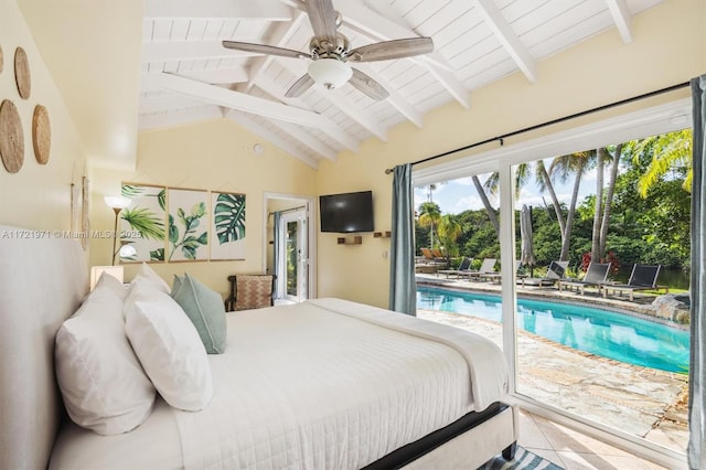 bedroom featuring wood ceiling, ceiling fan, access to exterior, tile patterned floors, and vaulted ceiling with beams