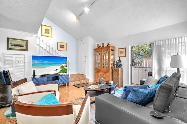 living room featuring a textured ceiling, rail lighting, wood-type flooring, and lofted ceiling