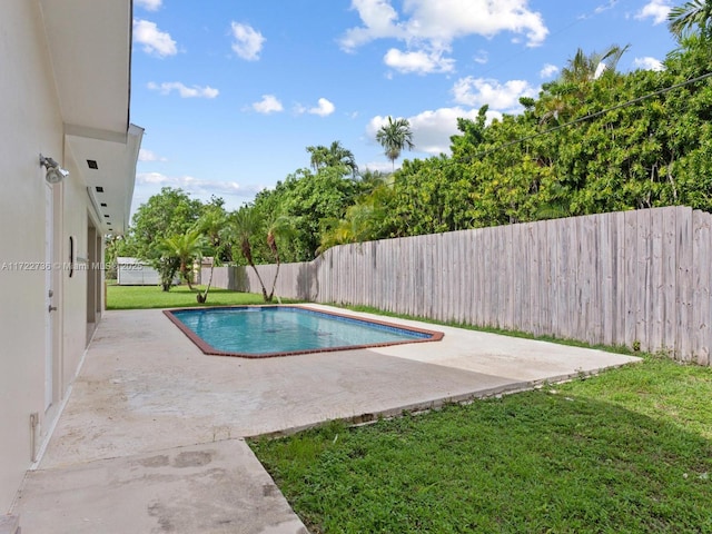 view of swimming pool featuring a patio area and a lawn