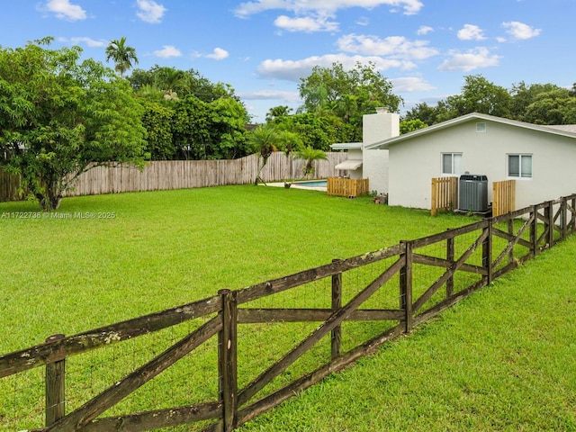 view of yard featuring a fenced in pool and central air condition unit