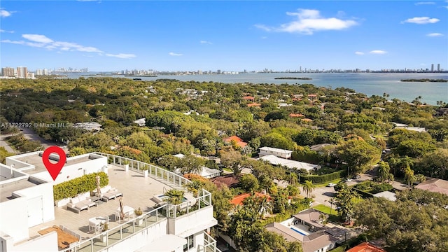 bird's eye view with a water view