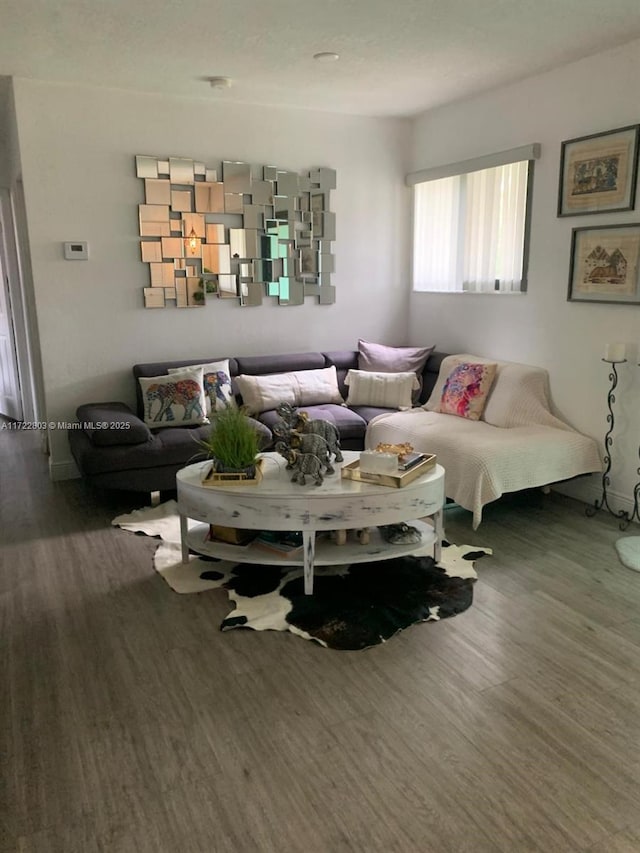 living room with dark hardwood / wood-style flooring