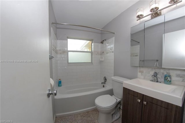 full bathroom featuring vanity, backsplash, toilet, and shower / washtub combination