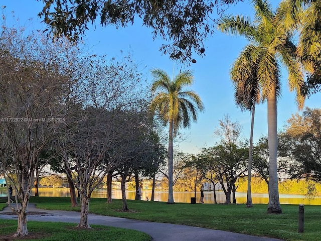 view of property's community with a lawn and a water view