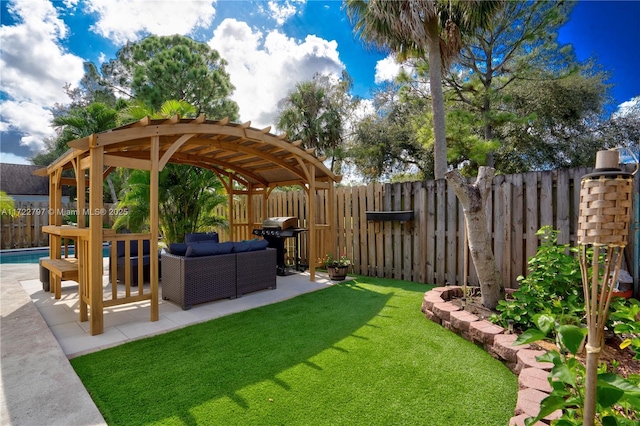 view of yard with a patio area, a fenced backyard, an outdoor living space, and a pergola