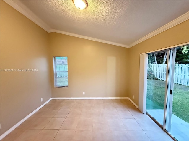 empty room featuring light tile patterned flooring, crown molding, and a textured ceiling