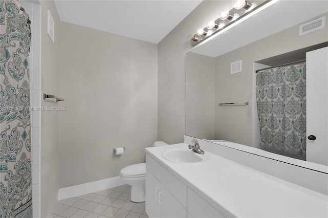 bathroom featuring tile patterned flooring, vanity, toilet, and walk in shower