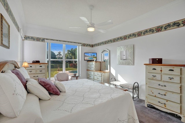 bedroom with ceiling fan, crown molding, a textured ceiling, and dark colored carpet